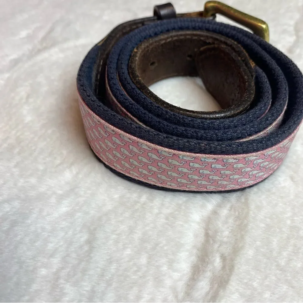 Vineyard Vines Pink Whale Fabric/Blue Woven Belt W/Brown Leather